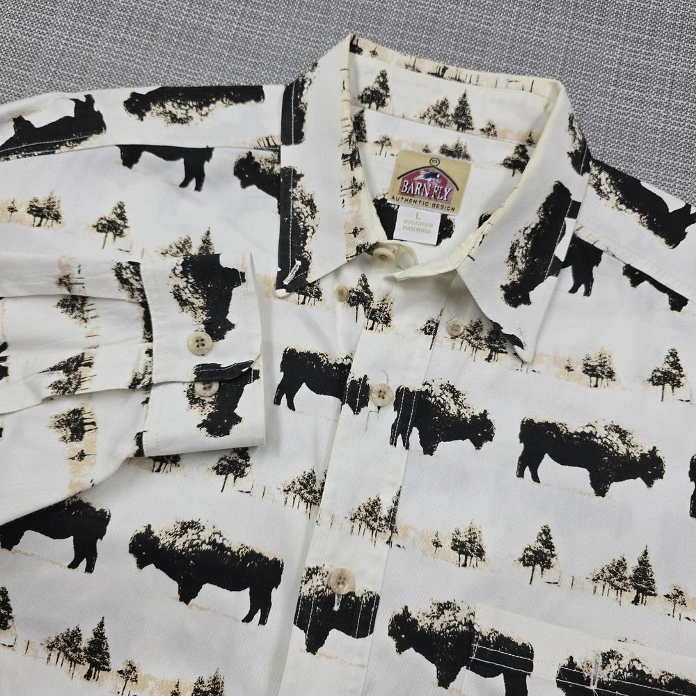 Barn Fly Shirt Mens Large White Bison Print Long Sleeve Button Up Western USA - Picture 1 of 10
